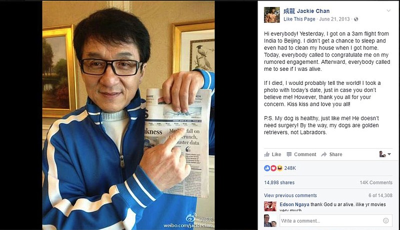 A screen capture of a June 21, 2013, post to Jackie Chan's Facebook page seeking to dispel a rumor that the martial artist and acting superstar was dead. In November, Chan will receive an Honorary Award during the Academy of Motion Picture Arts and Sciences' Governors Awards. Others receiving the honor include film editor Anne V. Coates, documentary filmmaker Frederick Wiseman and casting director Lynn Stalmaster. In his 50-year career, Chan has never been nominated for an Academy Award.