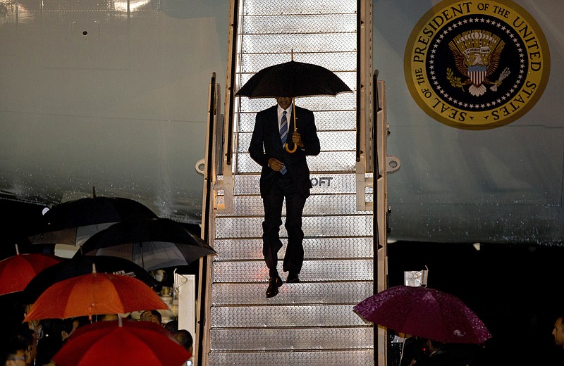 U.S. President Barack Obama walks down the steps from Air Force One upon his arrival at Wattay International Airport in Vientiane, Laos, Monday, Sep 5, 2016. Obama will be meeting the leaders of the Association of Southern Asian Nations at a summit aimed at strengthening the U.S.-ASEAN strategic partnership.