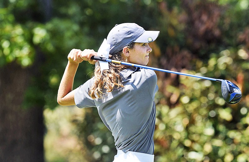 Cleveland High's Rheagan Hall watches her drive down the 10th fairway.  The City Prep golf tournament was held at The Bear Trace at Harrison Bay State Park on Wednesday September 7, 2016