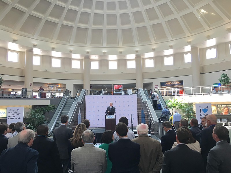 Terry Hart, Chattanooga Airport President and CEO, speaks during an event celebrating the first direct flight to the New York area being offered by United Airlines. 