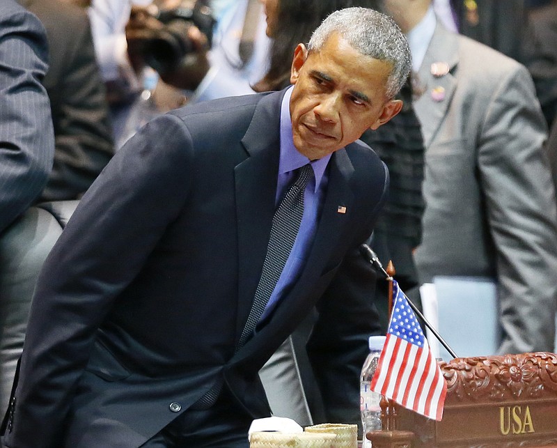 
              U.S. President Barack Obama takes his seat at the start of the East Asia Summit on the last day of the 28th and 29th ASEAN Summits at the National Convention Center Thursday, Sept. 8, 2016 in Vientiane, Laos. (AP Photo/Bullit Marquez)
            