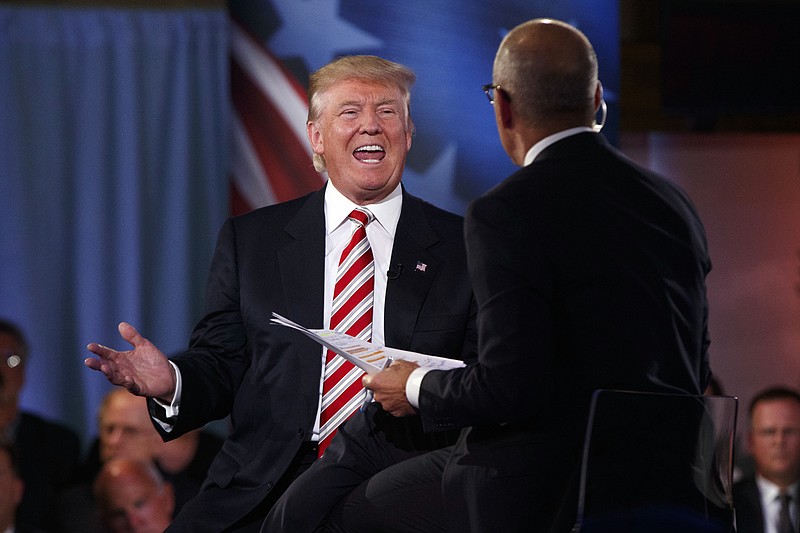 
              Republican presidential candidate Donald Trump speaks with 'Today' show co-anchor Matt Lauer at the NBC Commander-In-Chief Forum held at the Intrepid Sea, Air and Space museum aboard the decommissioned aircraft carrier Intrepid, New York, Wednesday, Sept. 7, 2016. (AP Photo/Evan Vucci)
            