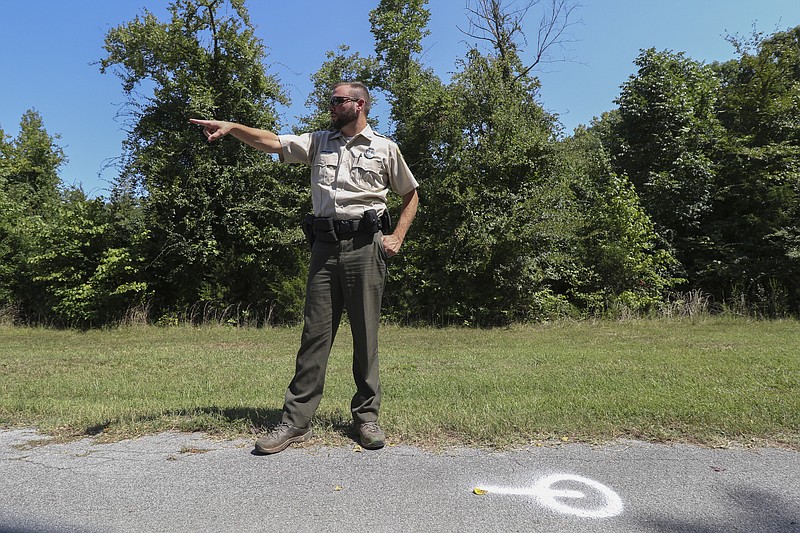 Staff Photo by Dan Henry / The Chattanooga Times Free Press- 9/6/16. Jacob Ingram, a park ranger for the Cumberland Trail and the Blue Light Coordinator for the Bike Ride Across Tennessee "BRAT", speaks about the 2016 course which will dip into Hamilton County exploring the roads near Harrison Bay State Park and the Hiwassee River. 