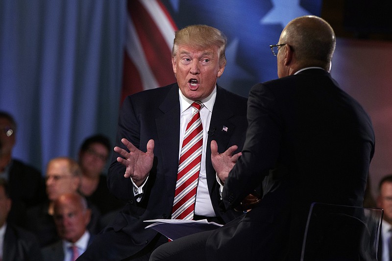 Republican presidential candidate Donald Trump speaks with 'Today' show co-anchor Matt Lauer at the NBC Commander-In-Chief Forum held at the Intrepid Sea, Air and Space museum aboard the decommissioned aircraft carrier Intrepid, New York, Wednesday, Sept. 7, 2016. (AP Photo/Evan Vucci)