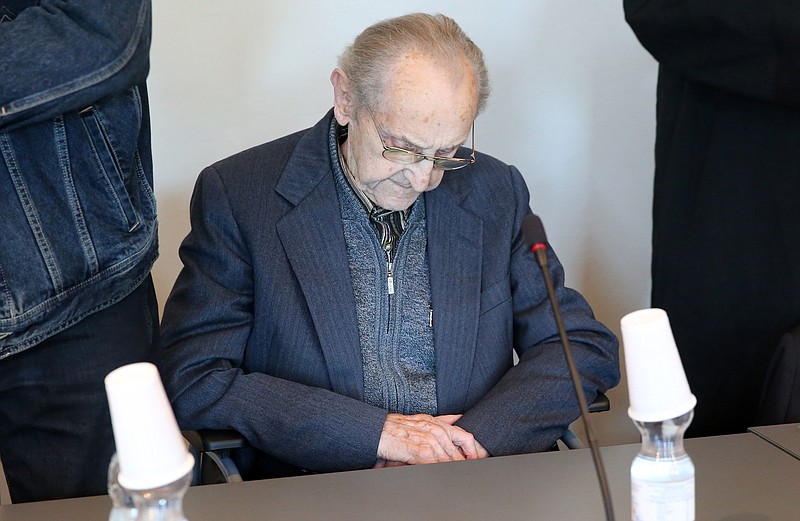 
              Hubert Zafke sits in a courtroom  ahead of his trial in Neubrandenburg, eastern Germany, Monday, Sept. 12, 2016.  The  former SS medic who served at the Auschwitz death camp has gone on trial in the northern German city of Neubrandenburg, though questions remain about whether the 95-year-old is fit enough for the proceedings to continue. The trial of Hubert Zafke, scheduled to start in February, had already been postponed three times after Presiding Judge Klaus Kabisch said his health was not good enough to proceed, based upon a doctor’s assessment.  (Bernd Wuestneck/dpa via AP)
            