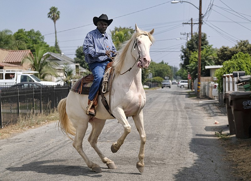 
              Ivory McCloud maneuvers his horse, Diamond, down a street in Compton, Calif., on Sunday, Aug. 7, 2016. Although best known as the birthplace of gangsta rap and the hometown of tennis superstars Venus and Serena Williams, Compton has a long and vibrant equestrian history. (AP Photo/Richard Vogel)
            