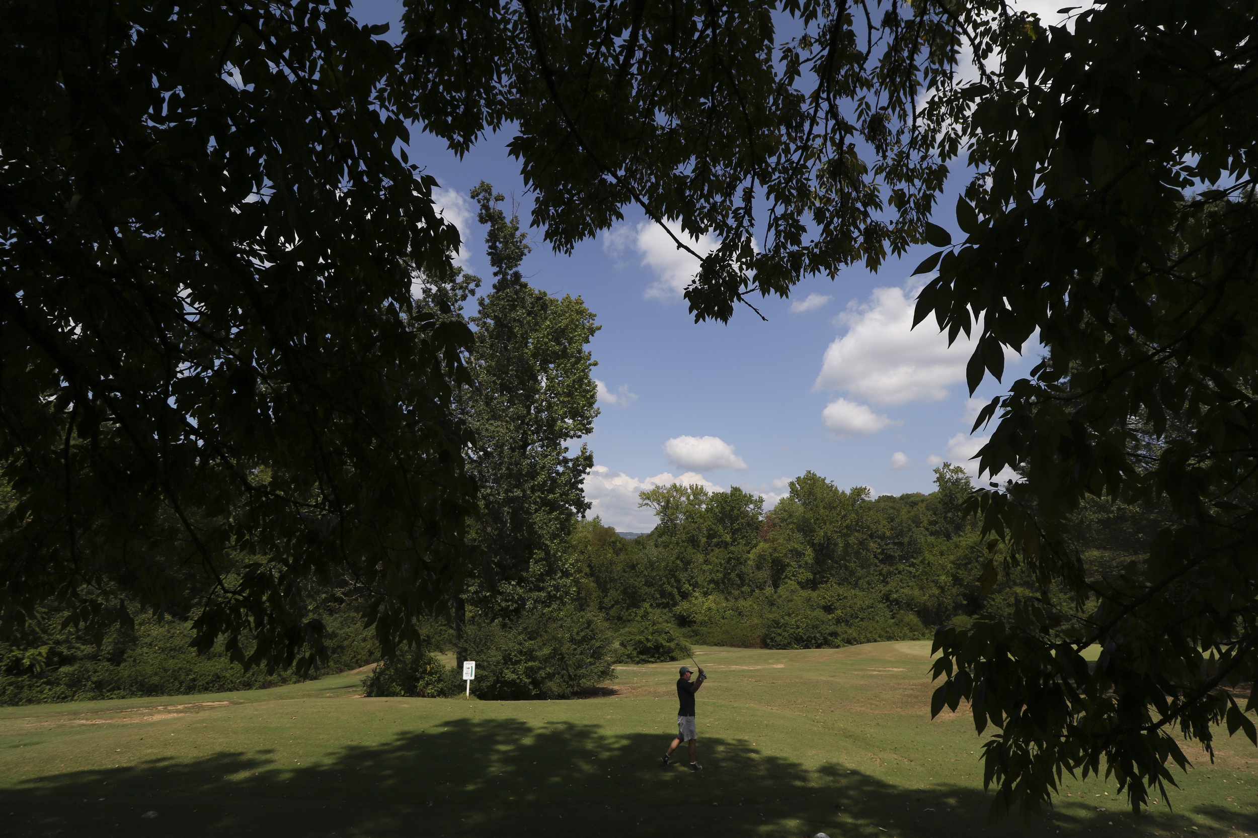 Staff Photo by Dan Henry / The Chattanooga Times Free Press- 9/13/16. Pat Finnegan plays golf at Lupton City Golf Club while speaking about how he will play 72 holes of golf without a cart or caddy on Thursday to raise money for Ronald McDonald House Charities.