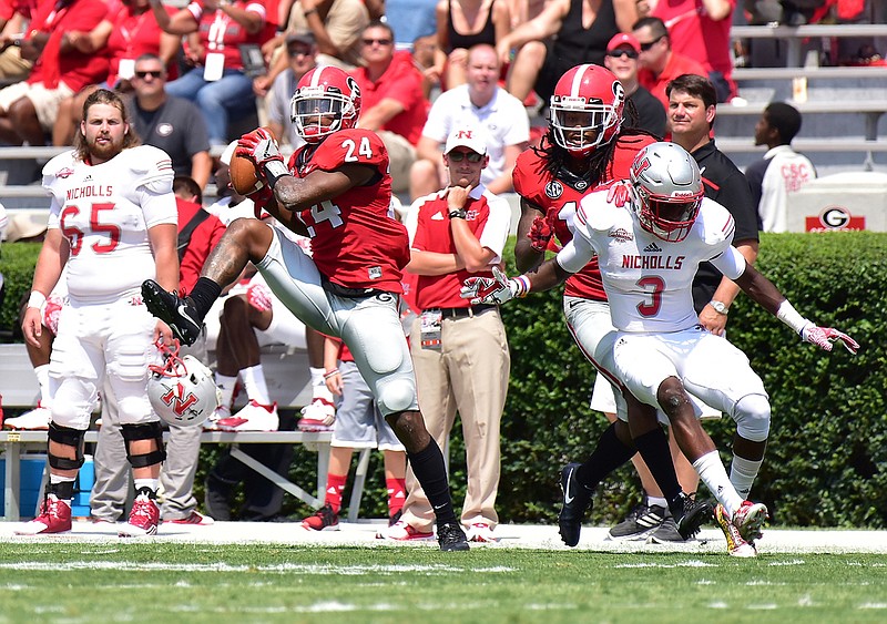 Georgia junior safety Dominick Sanders collected the 10th interception of his college career last Saturday during the Bulldogs' 26-24 win against Nicholls State.