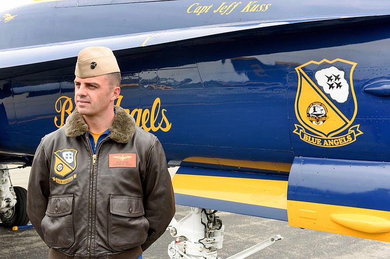 
              This May 19, 2016, photo shows Marine Capt. Jeff Kuss at an air show in Lynchburg, Va. A report cited pilot error as the primary cause of the crash that claimed the life of Kuss while he was preparing for an air show June 2 outside Nashville. The report, released Thursday, Sept. 15, 2016, said Kuss’ jet was traveling too fast and too low as he transitioned from a high-performance climb into a Split-S maneuver. (Matt Bell/The Register & Bee via AP)
            