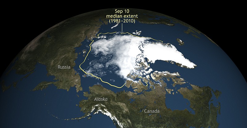 
              This image provided by the National Snow & Ice Data Center shows Arctic Sea ice. Arctic sea ice this summer shrank to its second lowest level since scientists started to monitor it by satellite. The National Snow and Ice Data Center in Colorado said the sea ice shrank to its summer low point on Saturday, Sept. 10, 2016, extending 1.6 million square miles. That’s behind only 2012 for the smallest extent of sea ice of 1.31 million square miles. (National Snow & Ice Data Center via AP)
            