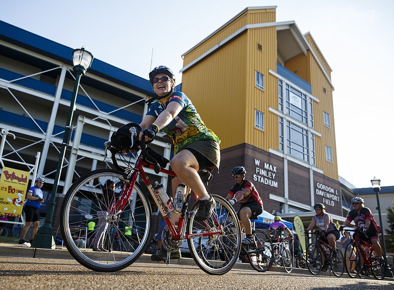 Cyclists depart from Finley Stadium for a three-day ride along a newly established U.S. Bike Route through Georgia on Friday, Sept. 16, 2016, in Chattanooga, Tenn.