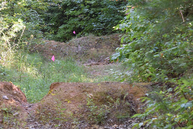 Earthen berms built by the U.S. Forest Service in 2014 lie across the Trail of Tears segment south of Coker Creek, Tenn. Small pink flags mark the peak of each of the 35 berms scattered along the federally-protected trail in the Cherokee National Forest in Monroe County.
