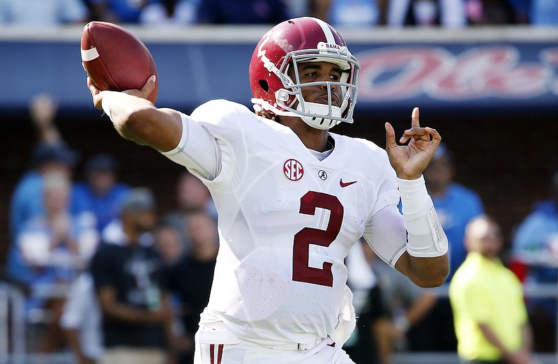 Alabama quarterback Jalen Hurts (2) attempts a pass against Mississippi in the first half of an NCAA college football game, Saturday, Sept. 17, 2016 in Oxford, Miss. (AP Photo/Rogelio V. Solis)