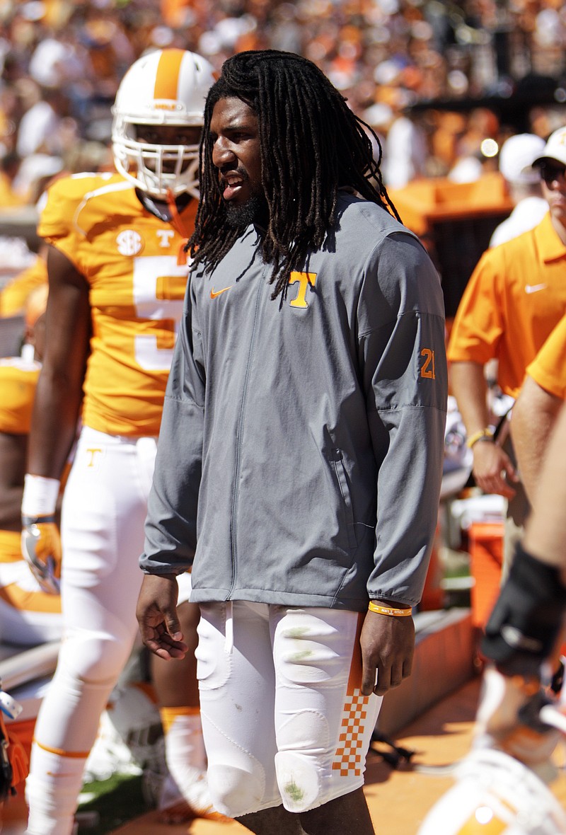 Tennessee linebacker Jalen Reeves-Maybin (21) stands on the sideline in the second half of an NCAA college football game after being injured in the second quarter against Ohio Saturday, Sept. 17, 2016, in Knoxville, Tenn. Tennessee won 28-19. (AP Photo/Wade Payne)