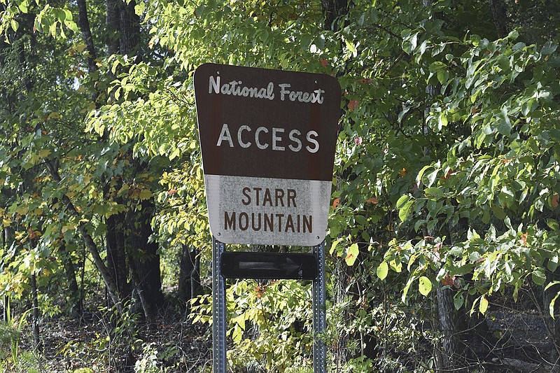 This U.S. Forest Service sign is posted about a quarter mile west of the intersection of Mecca Pike and Starr Mountain Road in Monroe County, Tenn., inside the Cherokee National Forest.