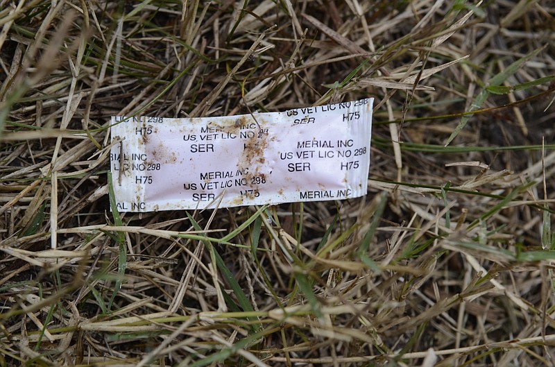 A package of rabies vaccine intended for wildlife is seen along a trail on Moccasin Bend. The packets are used in an effort to curb rabies in the wild. 