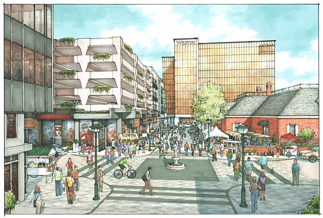 A rendering shows how a planned downtown entertainment, housing and retail complex could look.