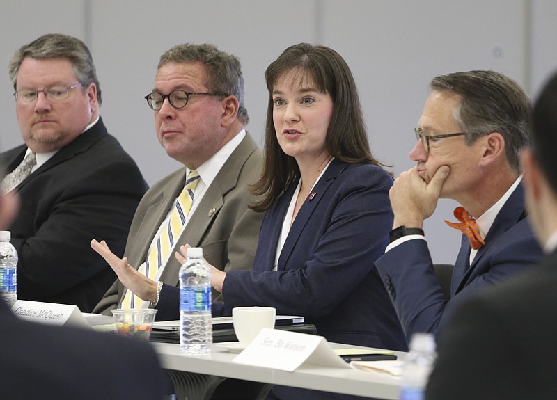 Staff Photo by Dan Henry / The Chattanooga Times Free Press- 9/20/16. Candice McQueen, Commissioner of the Tennessee Department of Education, speaks during the Education Mini-Summit 2016 at the Volkswagen Conference Center on September 20, where Tennessee legislators from Hamilton County and local education officials discuss the county's public school system. The district is producing lower-than-expected test results and have Teacher's rated least effective by state measures. 