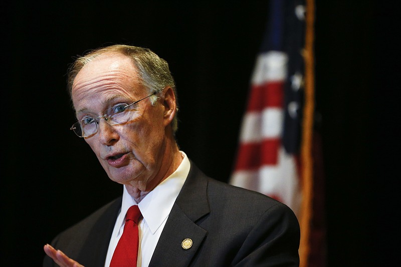 Alabama Gov. Robert Bentley speaks to the media during a news conference, Monday, Sept. 19, 2016, in Hoover, Ala. Bentley issued a state of emergency in Alabama after a pipeline spill near Helena, Ala. Gas prices spiked and drivers found "out of service" bags covering pumps as the gas shortage in the South rolled into the work week, raising fears that the disruptions could become more widespread. (AP Photo/Brynn Anderson)