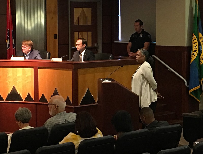 Donna Williams, administrator for the city's Economic and Community Development department, addresses the Chattanooga City Council concerning proposed tax breaks for housing developers.