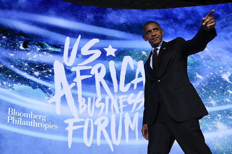 
              President Barack Obama walks off stage after speaking at the U.S.-Africa Business Forum at The Plaza Hotel in New York, Wednesday, Sept. 21, 2016. (AP Photo/Carolyn Kaster)
            
