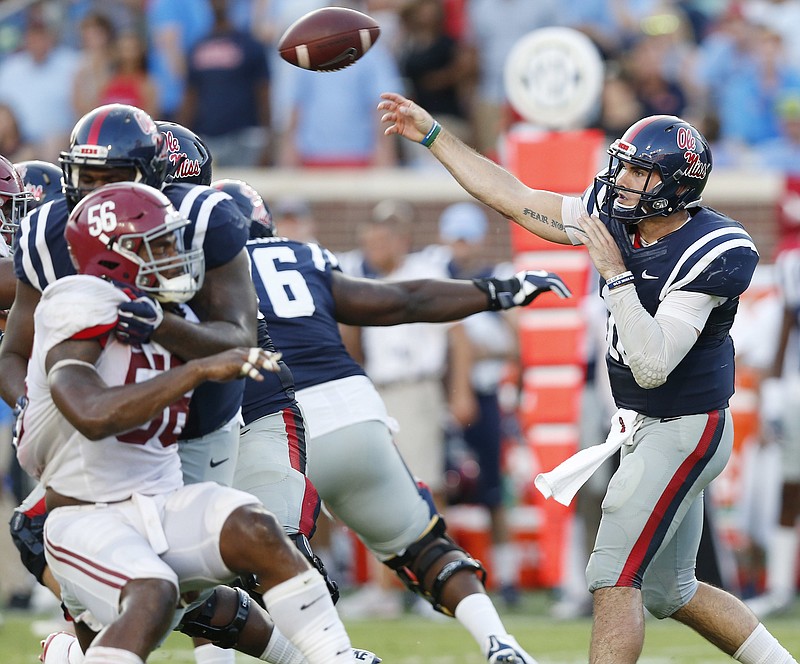 Ole Miss quarterback Chad Kelly accounted for 469 yards of total offense during last week's 48-43 loss to Alabama, but he had an interception and a fumble that were returned for touchdowns.