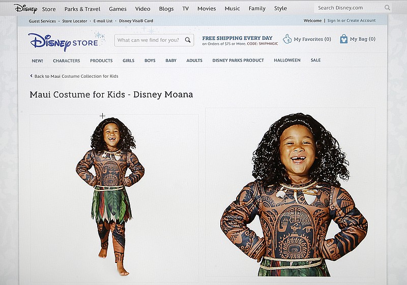 
              This photograph of a computer screen shows the DisneyStore.com website's Maui Halloween costume on Wednesday, Sept. 21, 2016. Disney said Wednesday it would no longer sell the boy's costume for a Polynesian character that some Pacific Islanders have compared to blackface. The getup features full-body tattoo art adorning Maui, a lead character in the upcoming animated movie "Moana." (DisneyStore.com via AP)
            
