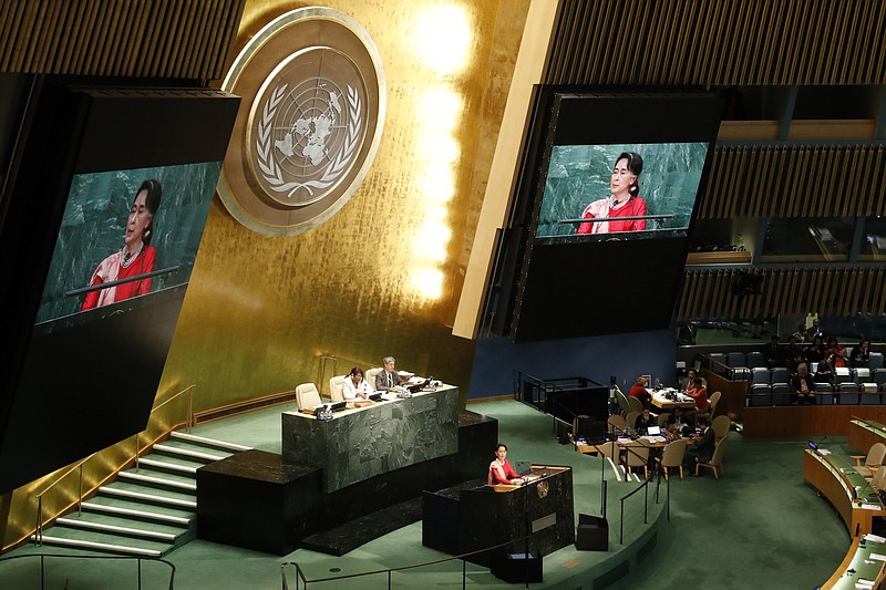 
              Myanmar Foreign Minister Aung San Suu Kyi speaks during the 71st session of the United Nations General Assembly at U.N. headquarters, Wednesday, Sept. 21, 2016. (AP Photo/Mary Altaffer)
            