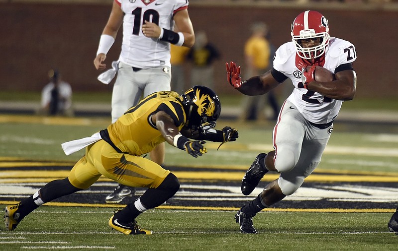 Georgia sophomore tailback Nick Chubb was held to 63 yards on 19 carries during last Saturday's 28-27 win at Missouri.