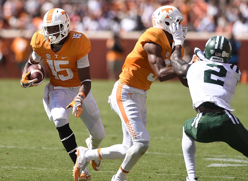 Tennessee receiver Jauan Jennings (15) runs behind the block of Josh Malone (3).  The Ohio University Bobcats visited the University of Tennessee Volunteers at Neyland Stadium in a non-conference NCAA football game on Saturday September 17, 2016. 