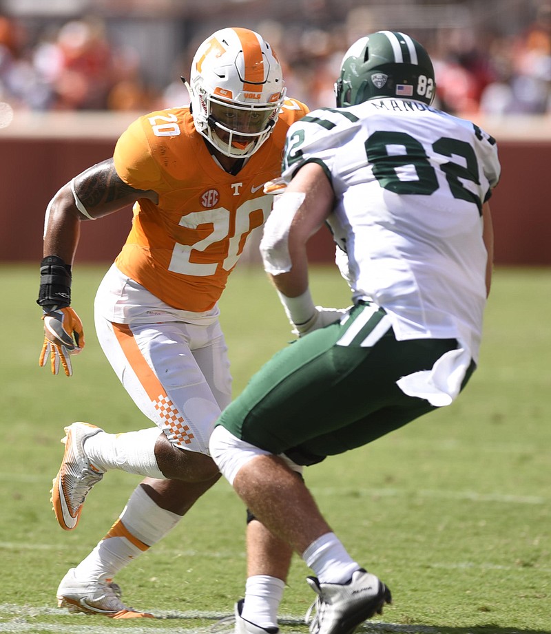 Tennessee's Cortez McDowell (20) prepares to tackle Ohio's Mason Morgan (89).  The Ohio University Bobcats visited the University of Tennessee Volunteers at Neyland Stadium in a non-conference NCAA football game on Saturday September 17, 2016. 