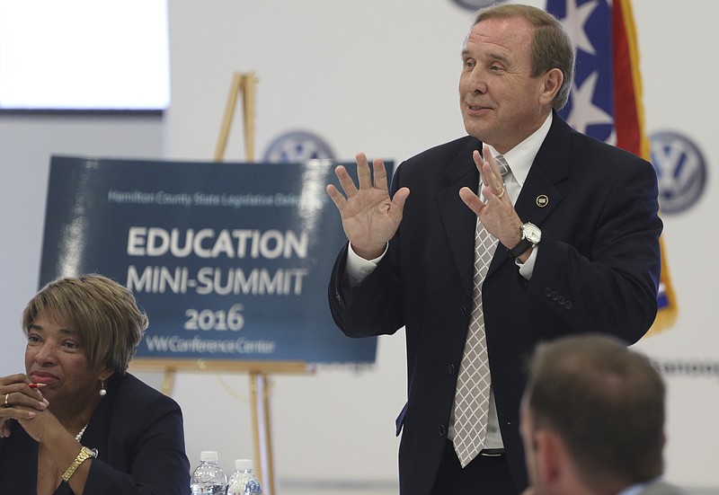 Rep. Mike Carter speaks during the Education Mini-Summit 2016 at the Volkswagen Conference Center on Sept. 20, where Tennessee legislators from Hamilton County and local education officials discuss the county's public school system.