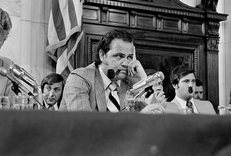
              FILE - In this July 11, 1973, file photo, Fred Thompson listens to questions during the Senate Watergate Committee in Washington. Ten out of 11 members of Tennessee's congressional delegation signed on to legislation on Thursday, Sept. 22, 2016, to name a new federal courthouse in Nashville, Tenn., after the late actor-politician. (AP Photo, file)
            