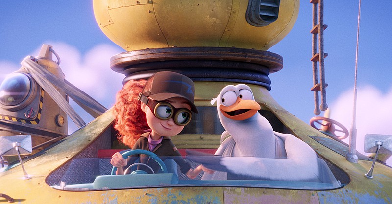 This image released by Warner Bros. Pictures shows characters Tulip, voiced by Katie Crown, left, and Junior, voiced by Andy Samberg, in a scene from "Storks."