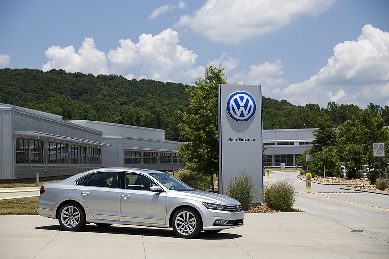 A Passat is parked at the main entrance to the Volkswagen manufacturing plant on Thursday, June 16, 2016, in Chattanooga, Tenn.