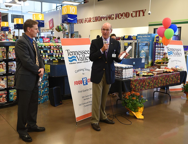 Steve Smith, Food City president and CEO, right, and Todd Fortner, TVFCU president and CEO talk Friday, Sept. 23, 2016 at Food City in Red Bank about two new branches of TVFCU that will be opened in the Red Bank and East Hamilton Food City locations.