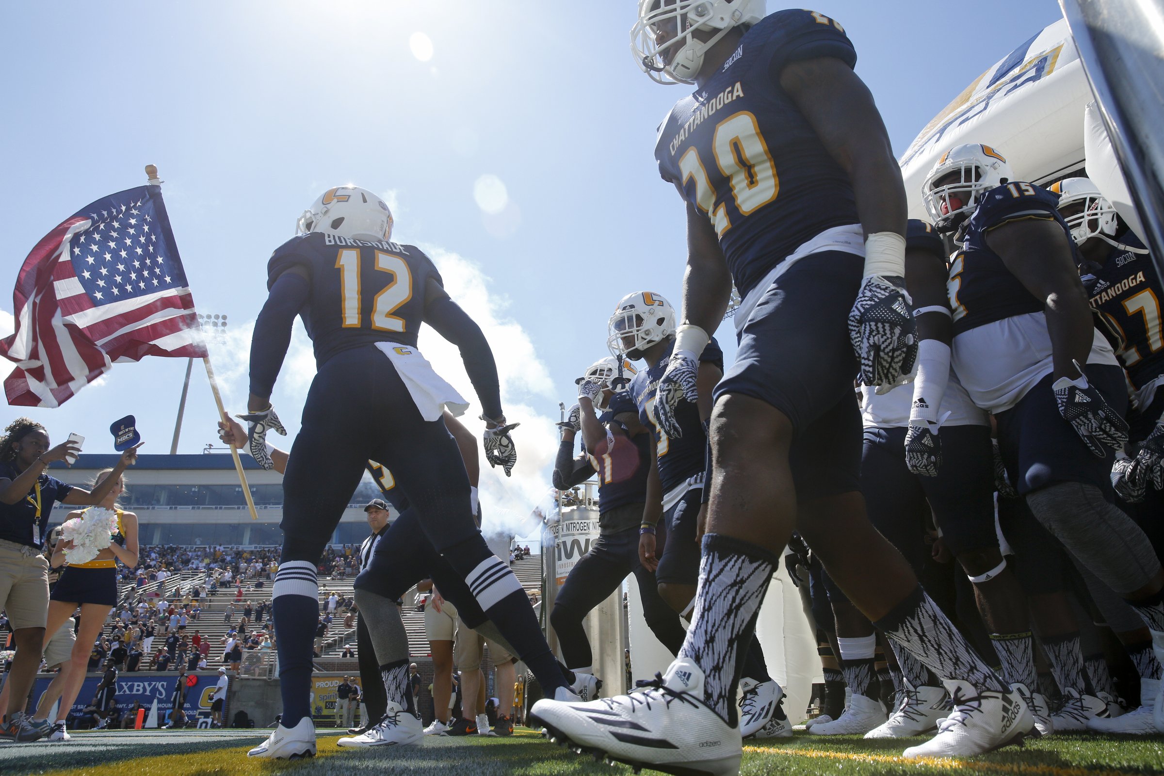 UTC players take the field for the Mocs' home football game against the Samford Bulldogs at Finley Stadium on Saturday, Sept. 24, 2016, in Chattanooga, Tenn.