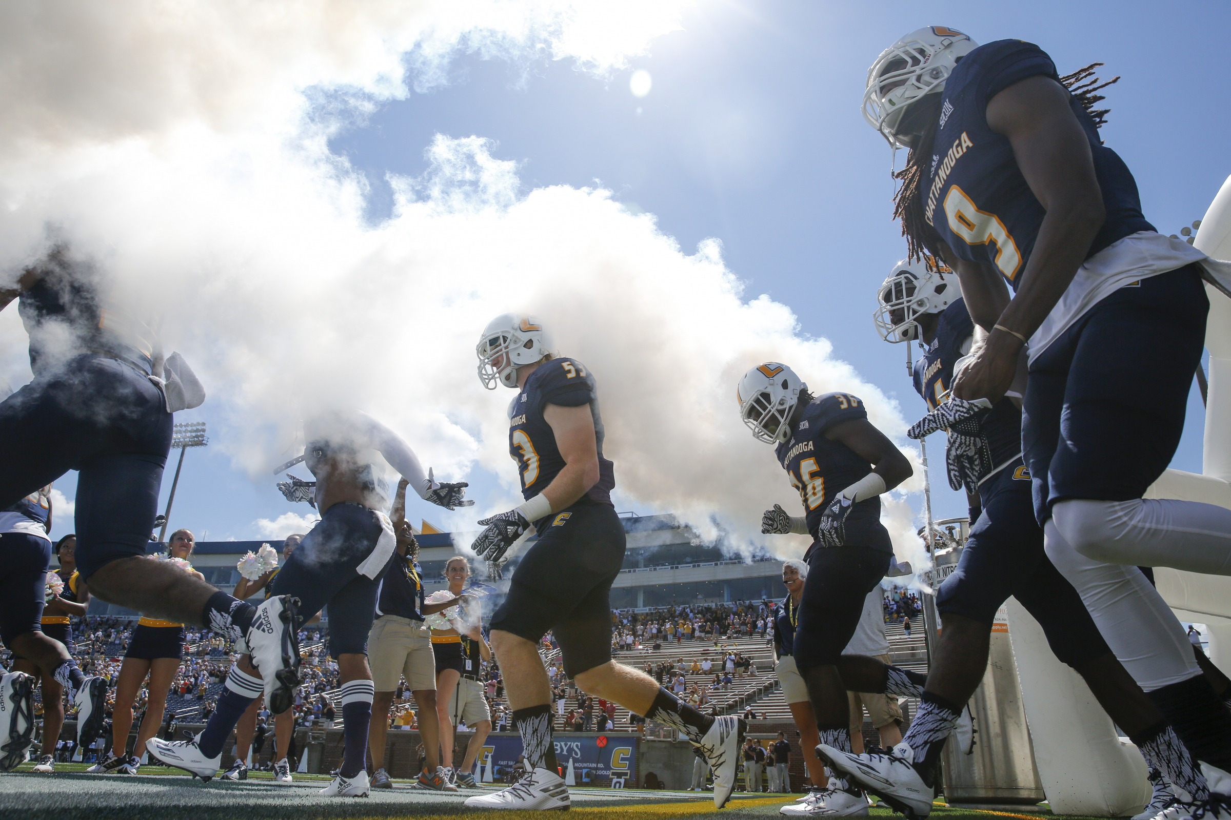 UTC players take the field for the Mocs' home football game against the Samford Bulldogs at Finley Stadium on Saturday, Sept. 24, 2016, in Chattanooga, Tenn.