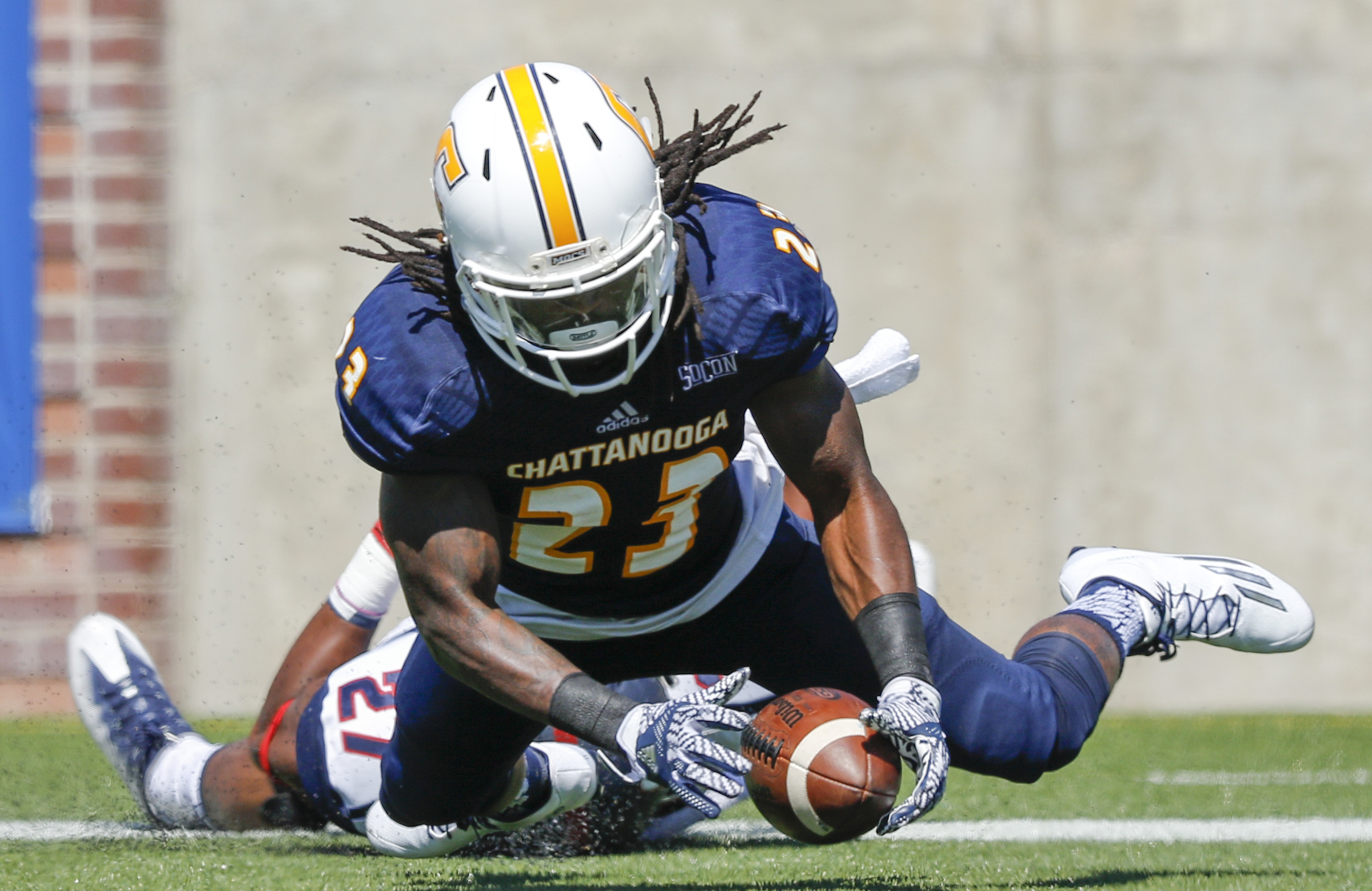 UTC running back Richardre Bagley falls on his fumbled ball in the end zone for a touchdown during the Mocs' home football game against the Samford Bulldogs at Finley Stadium on Saturday, Sept. 24, 2016, in Chattanooga, Tenn.