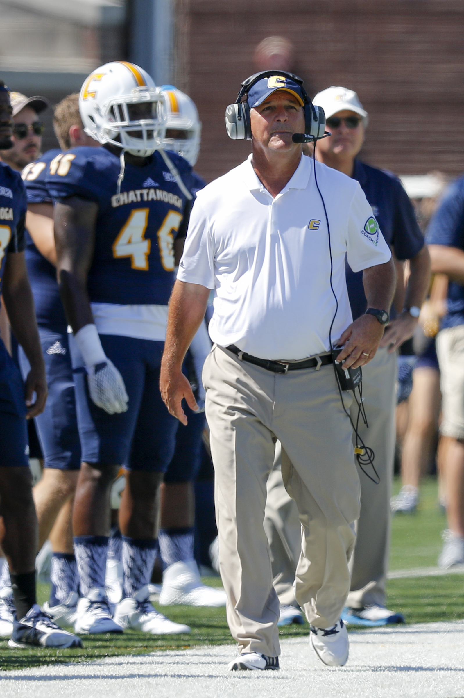 UTC coach Russ Huesman watches from the sidelines during the Mocs' home football game against the Samford Bulldogs at Finley Stadium on Saturday, Sept. 24, 2016, in Chattanooga, Tenn.