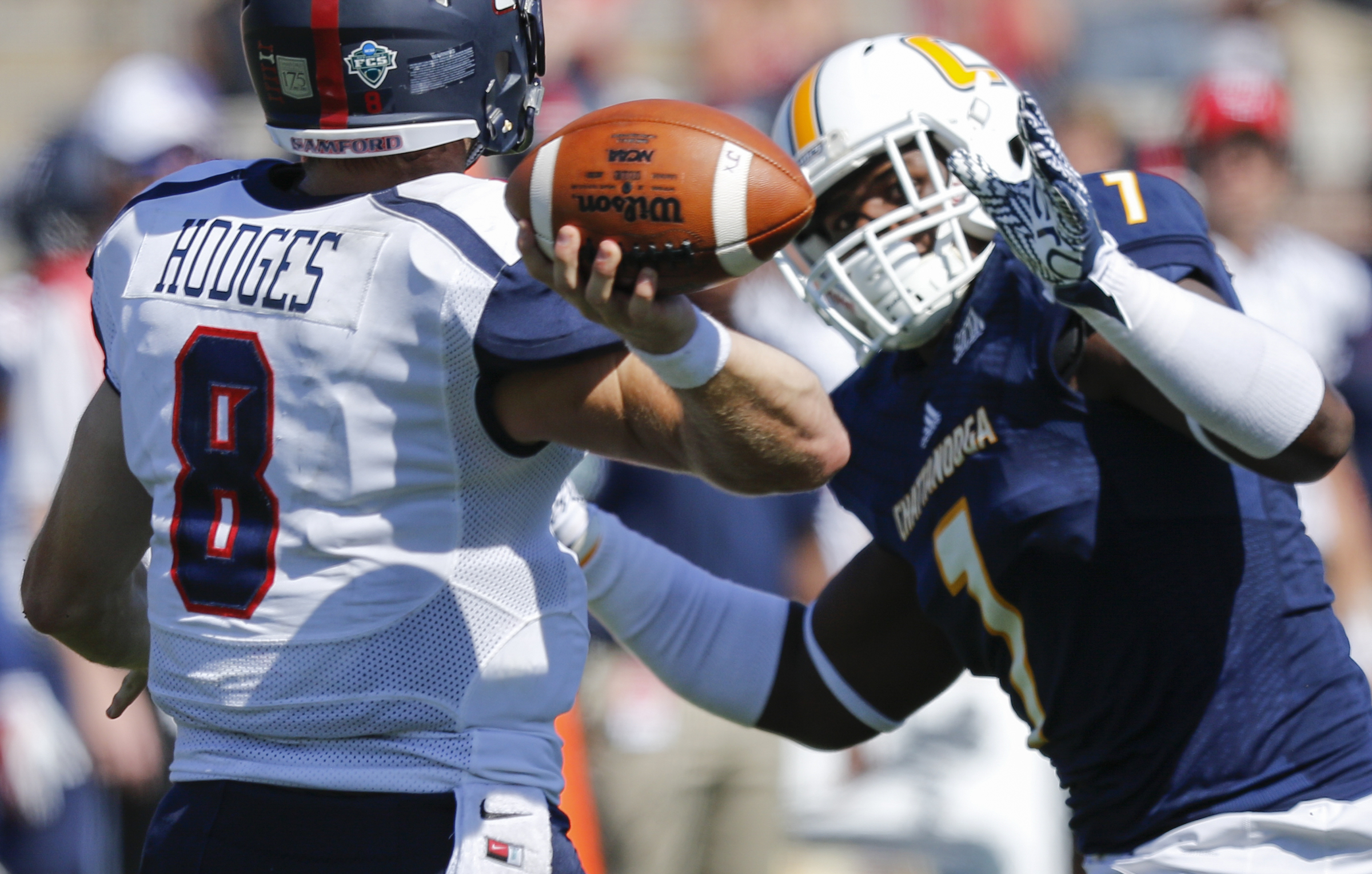 UTC defensive lineman D.J. Prather pressures Samford quarterback Devlin Hodges during the Mocs' home football game against the Bulldogs at Finley Stadium on Saturday, Sept. 24, 2016, in Chattanooga, Tenn.