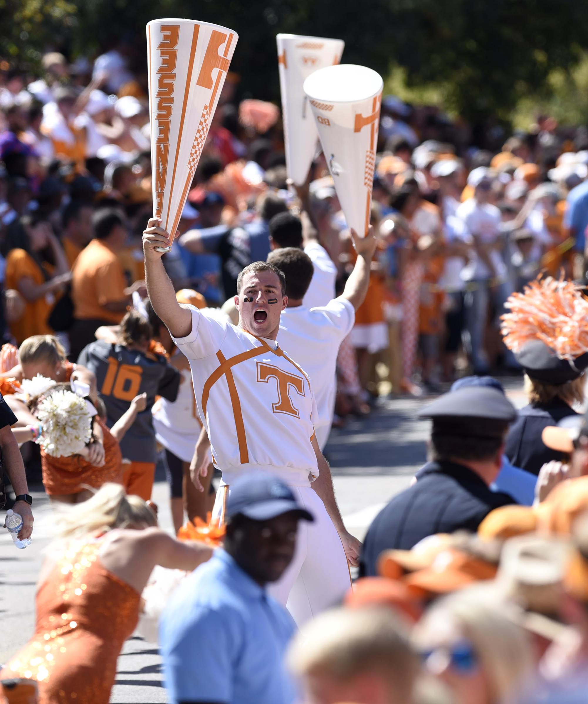 The Tennessee cheerleaders fire up the fans before the Vol Walk. The Florida Gators visited the Tennessee Volunteers in a important SEC football contest at Neyland Stadium on September 24, 2016.