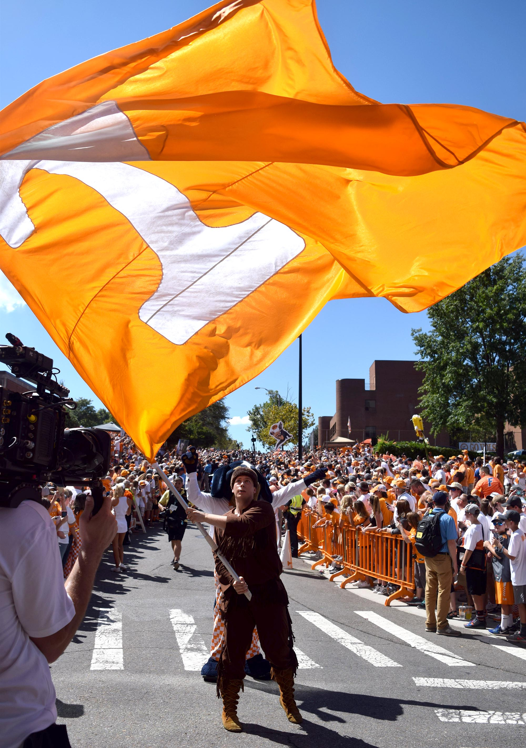 The Volunteer waves the Big Orange flag during the Vol Walk. The Florida Gators visited the Tennessee Volunteers in a important SEC football contest at Neyland Stadium on September 24, 2016.