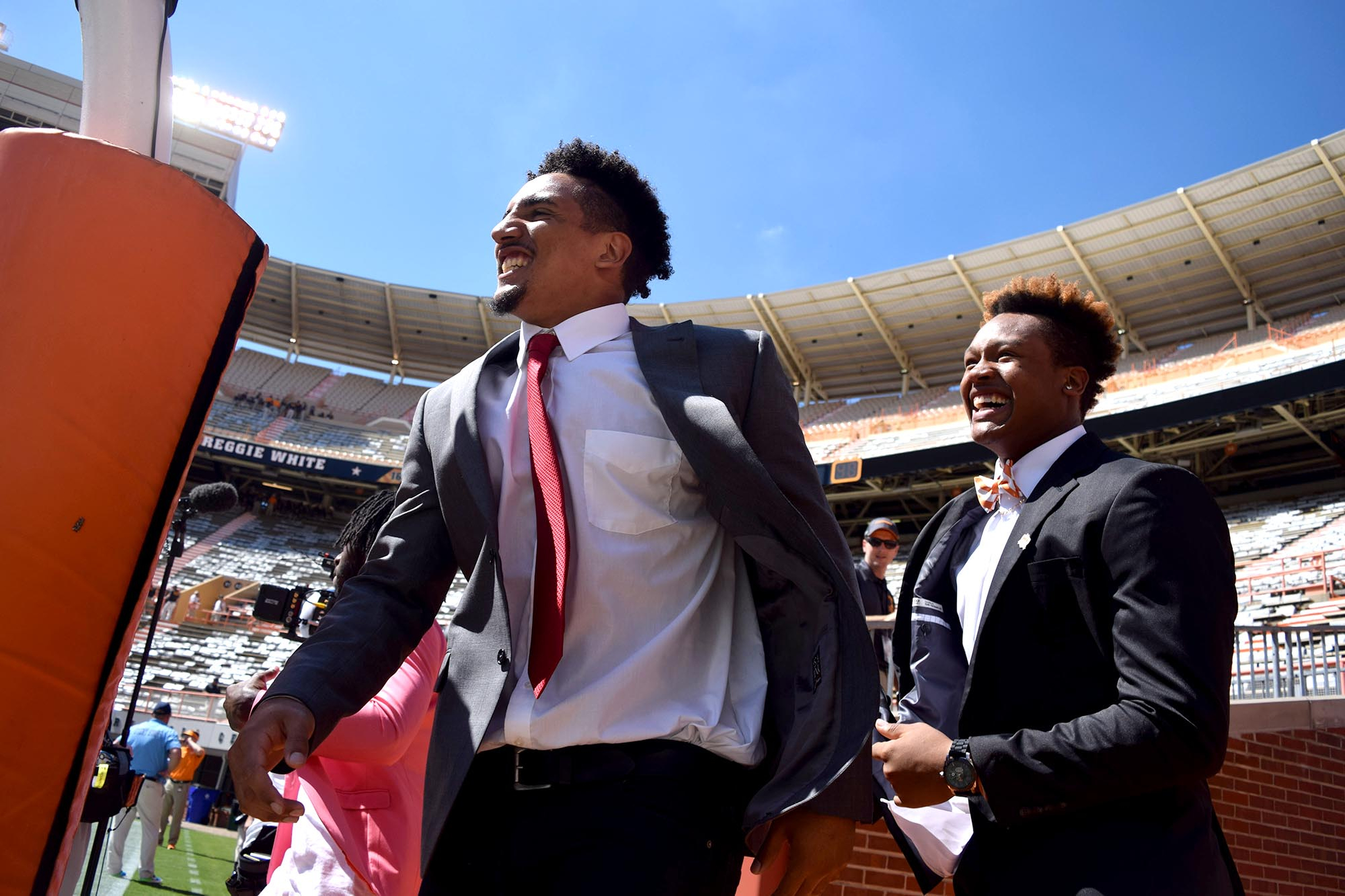 Vols Jakob Johnson and Ja'Quain Blakely cut up as they enter the stadium for the pre-game walk on the field. The Florida Gators visited the Tennessee Volunteers in a important SEC football contest at Neyland Stadium on September 24, 2016.