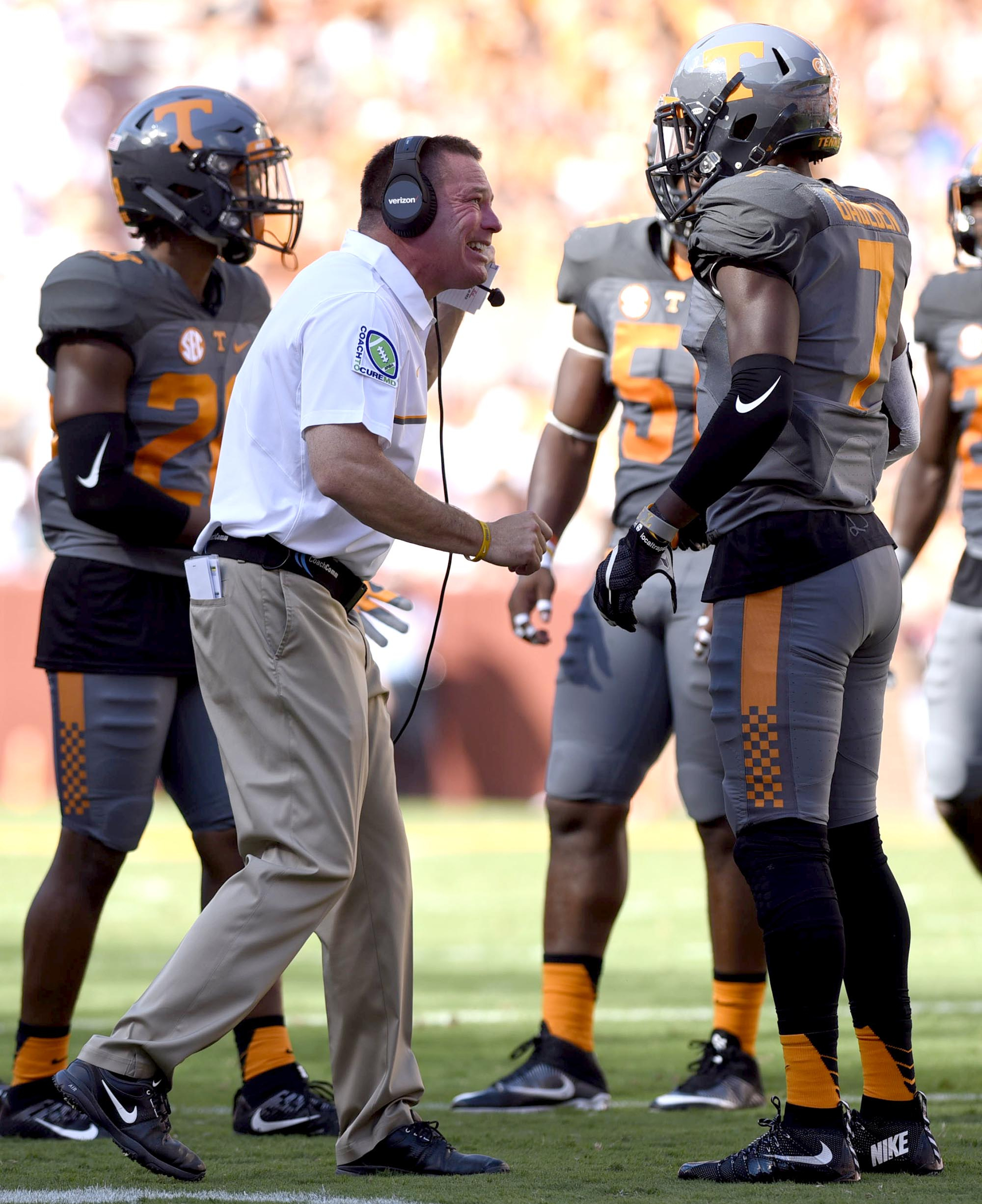 Tennessee head coach Butch Jones has an intense word with Rashaan Gaulden (7). The Florida Gators visited the Tennessee Volunteers in a important SEC football contest at Neyland Stadium on September 24, 2016.