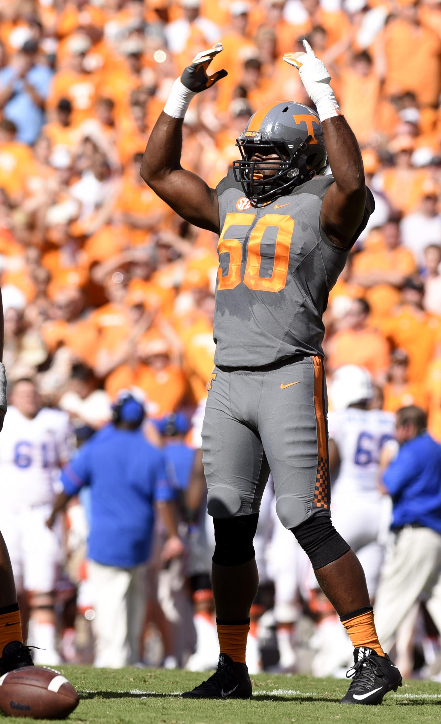 Tennessee's Corey Vereen (50) encourages fans to yell on a third down play. The Florida Gators visited the Tennessee Volunteers in a important SEC football contest at Neyland Stadium on September 24, 2016.