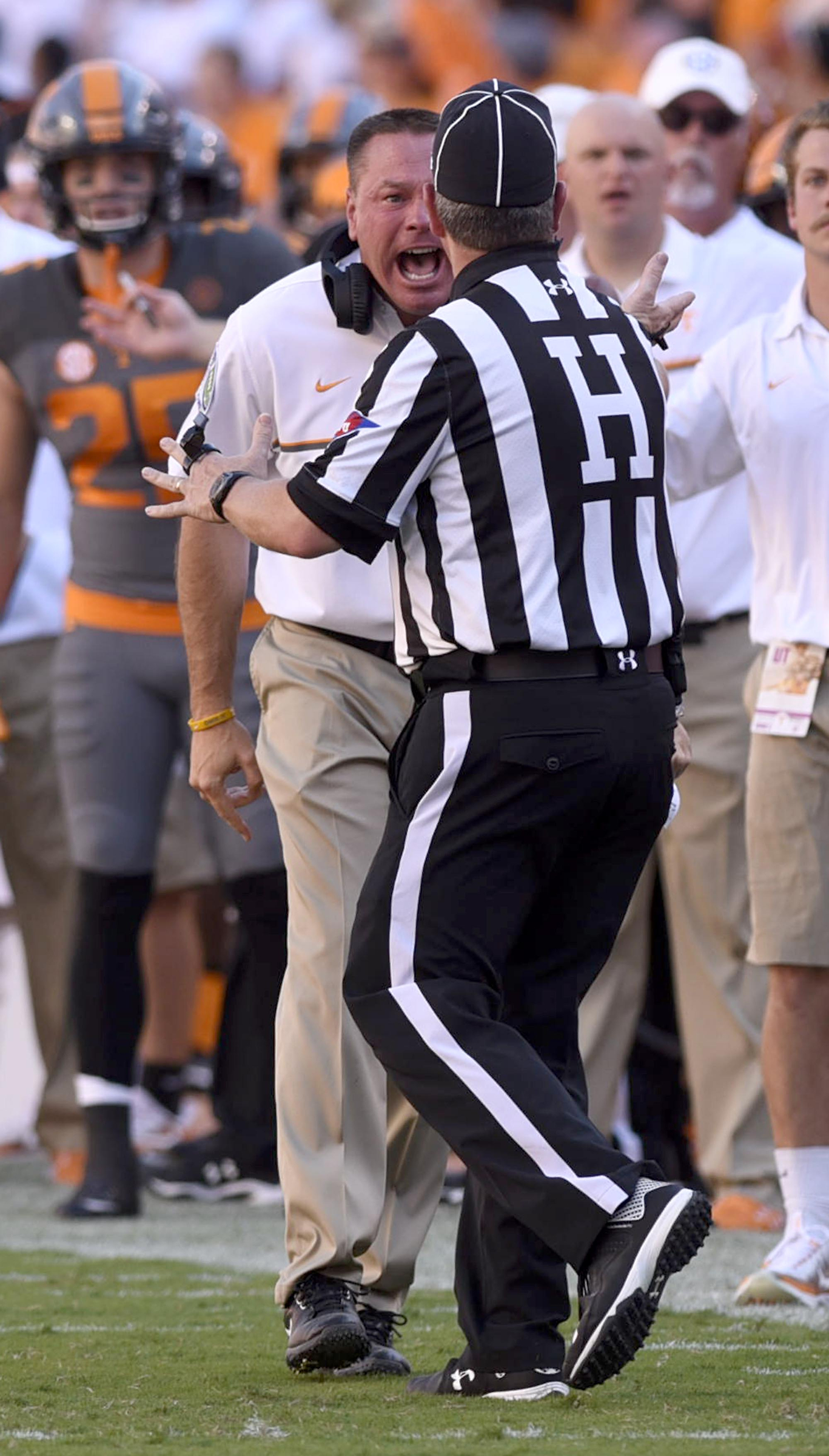 Butch Jones shows his displeasure with the lack of a call by a official. The Florida Gators visited the Tennessee Volunteers in a important SEC football contest at Neyland Stadium on September 24, 2016.