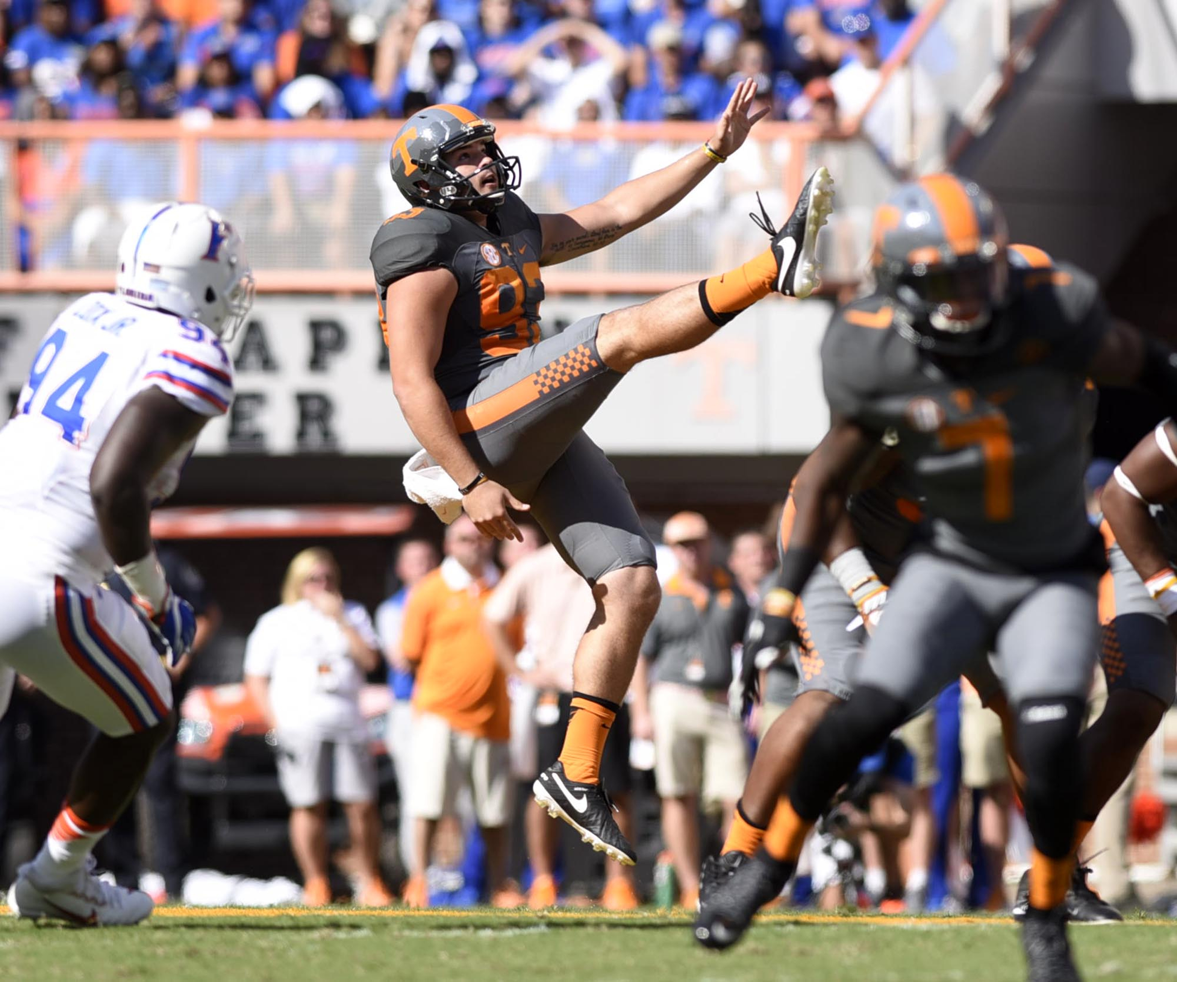 Tennessee punter Trevor Daniel (93) watches his punt sail into Florida territory. The Florida Gators visited the Tennessee Volunteers in a important SEC football contest at Neyland Stadium on September 24, 2016.