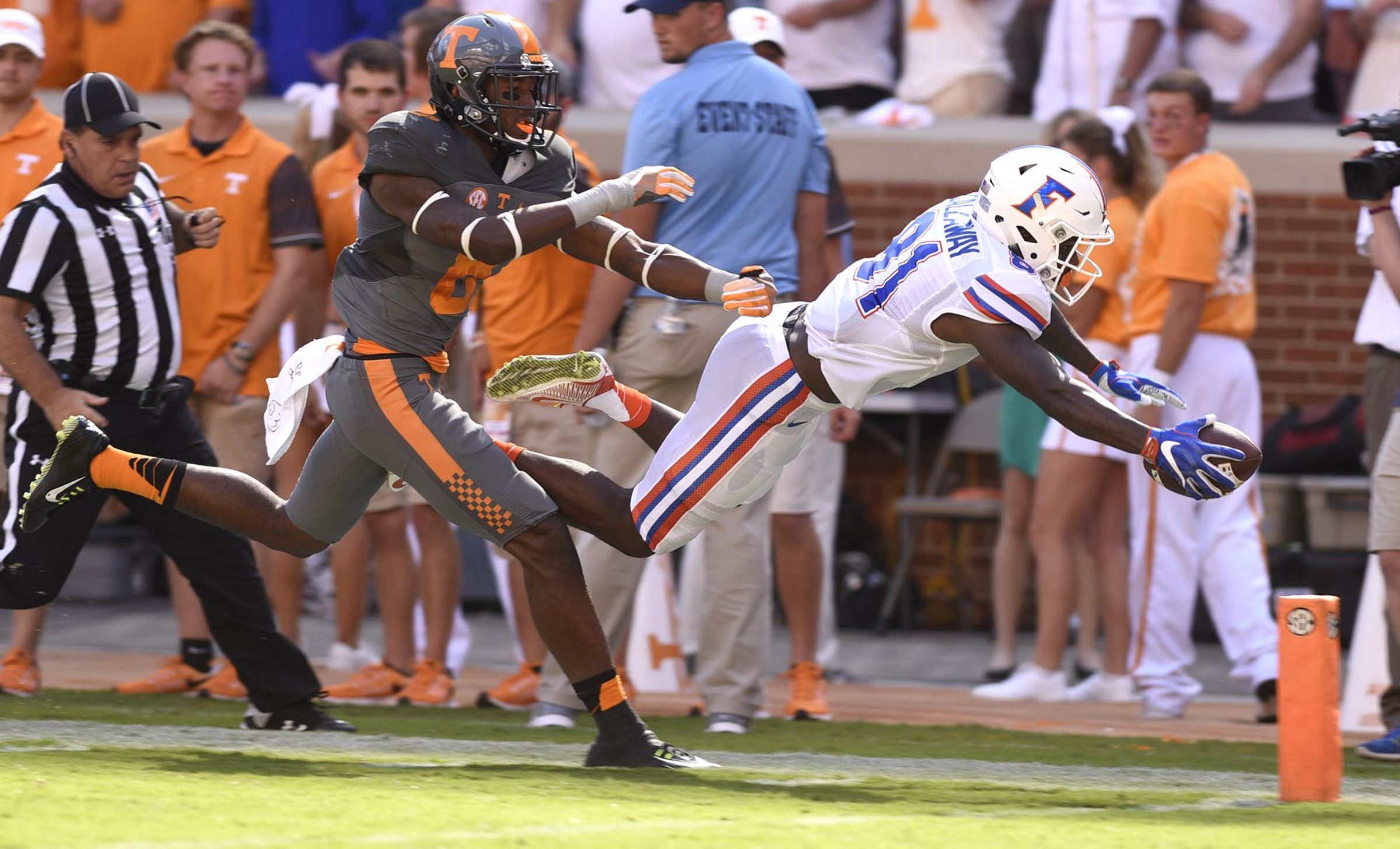 Florida's Antonio Callaway (81) makes a dive for end zone while Tennessee's Justin Martin (8) defends. Callaway was called out, but the Gators scored their first touchdown several plays later. The Florida Gators visited the Tennessee Volunteers in a important SEC football contest at Neyland Stadium on September 24, 2016.