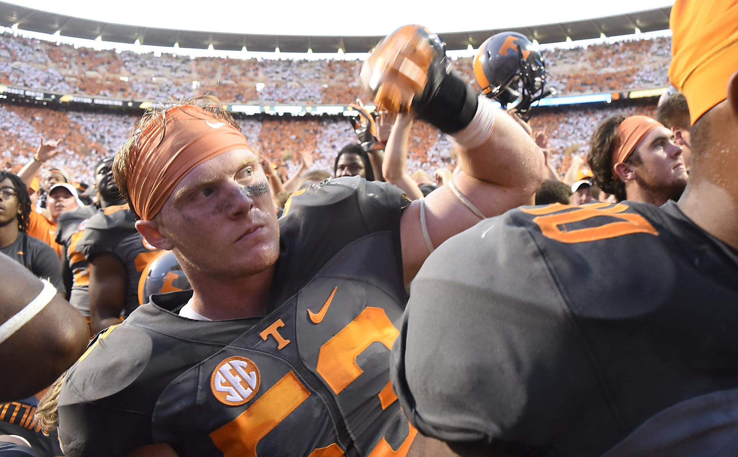 Colton Jumper (53) celebrates with the team after the game. The Florida Gators visited the Tennessee Volunteers in a important SEC football contest at Neyland Stadium on September 24, 2016.